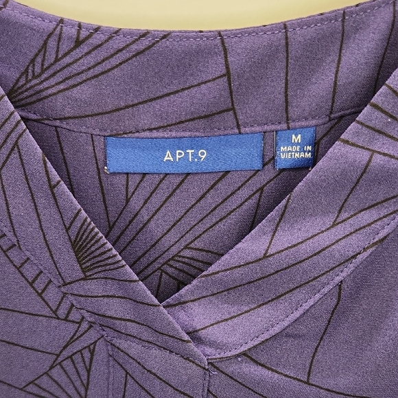 Apt. 9 - Purple, V Neckline, Geometric Pattern, Cuffed Sleeve Blouse - Picture 2 of 5